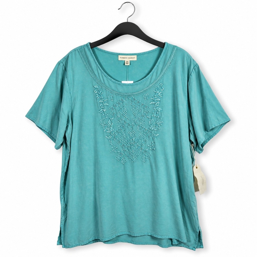 Farmers Market Embroidered Top Womens 2X Jade Short Sleeve Boho Casual Career